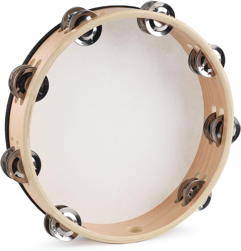 LIEKE Goatskin Tambourine 10 Inch Beechwood Hand Held Drum for Adult with 8 Pairs Metal Jingles for Music Classroom Dance Party Church Game Props - Image 4